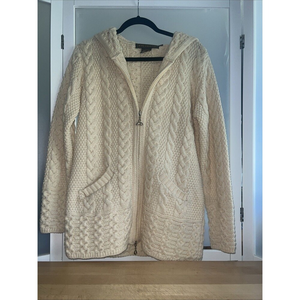 Inis Craft Ivory Merino Wool Hooded Zip Sweater s Cable Pockets